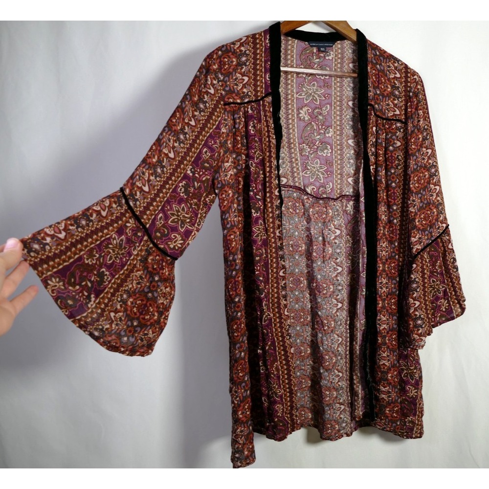 American Eagle Whimsigoth Open Front Kimono Top Size XS S Velvet Trim Boho Gypsy